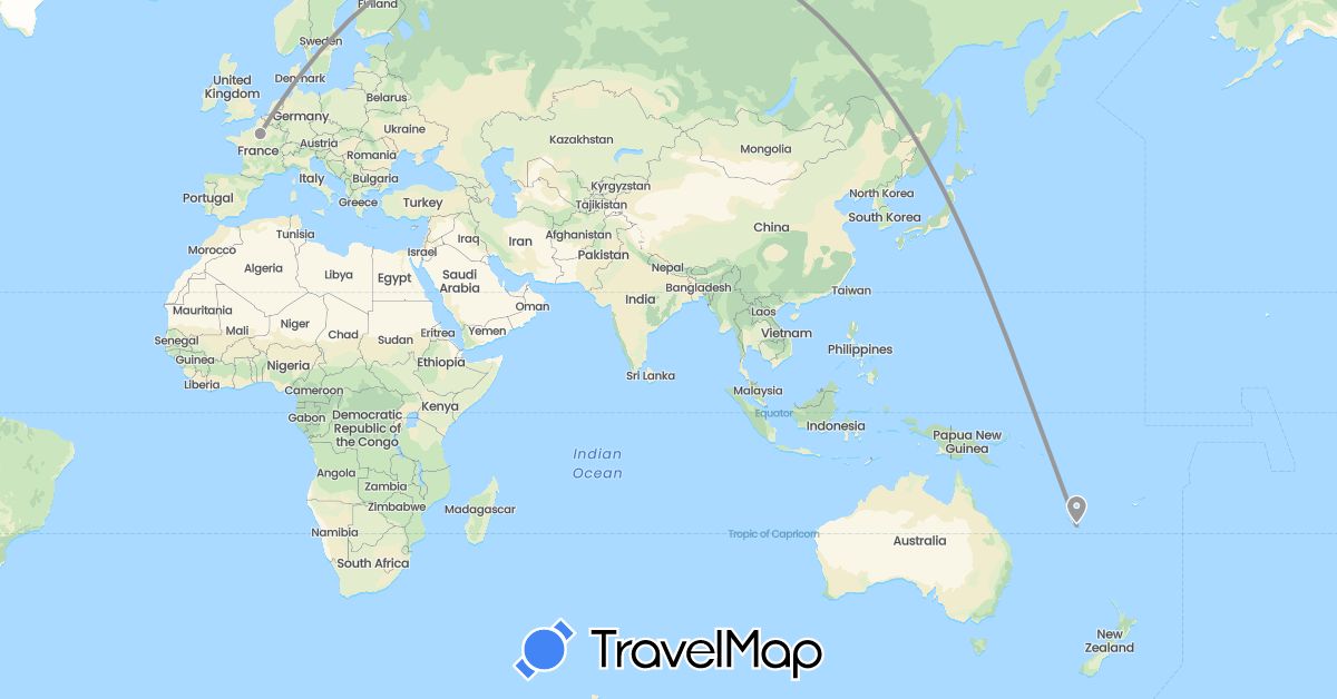 TravelMap itinerary: plane in France, New Caledonia (Europe, Oceania)